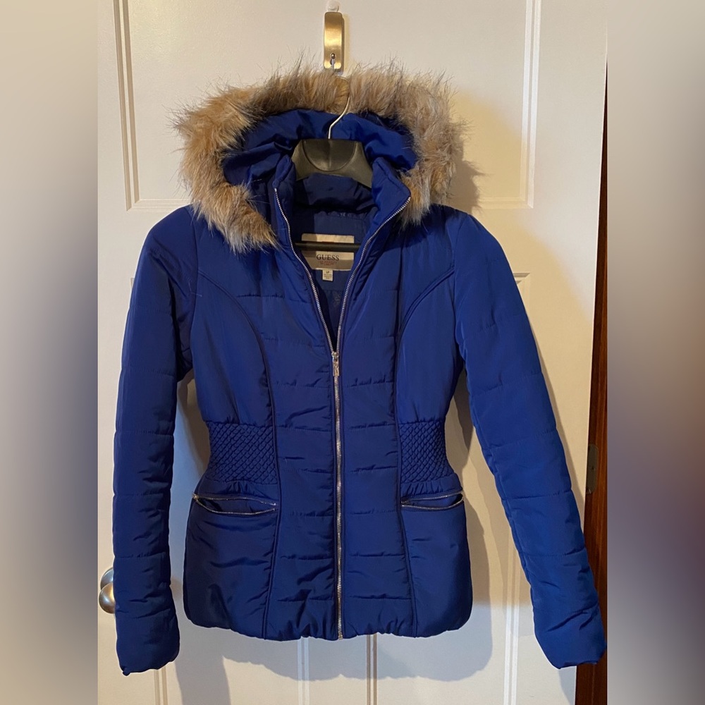 Guess Puffer Quilted Jacket with Removable Faux Fur Hood